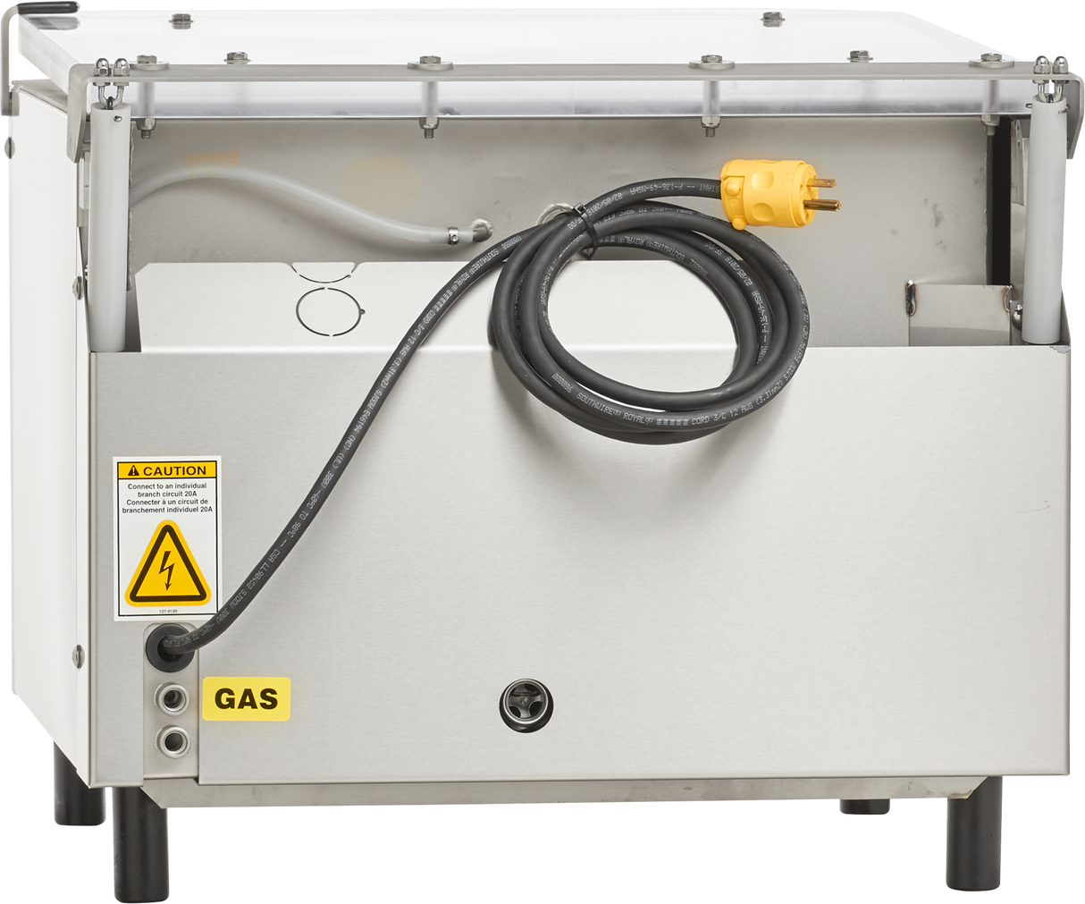 A metallic industrial Single Chamber machine with a hinged clear cover partially open reveals internal wiring. A black power cable with a yellow plug rests on top. Labels read “CAUTION,” feature an electrical hazard symbol, and identify the unit as “GAS.”.