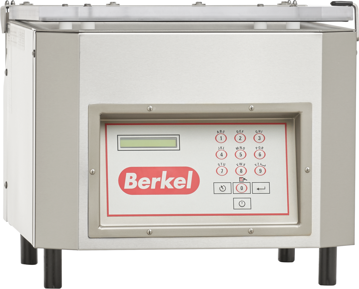 The Berkel 350D-STD Single Chamber Vacuum Packaging Machine features a stainless steel body, digital control panel, transparent lid, and sturdy black legs—ideal for efficient and precise vacuum sealing.