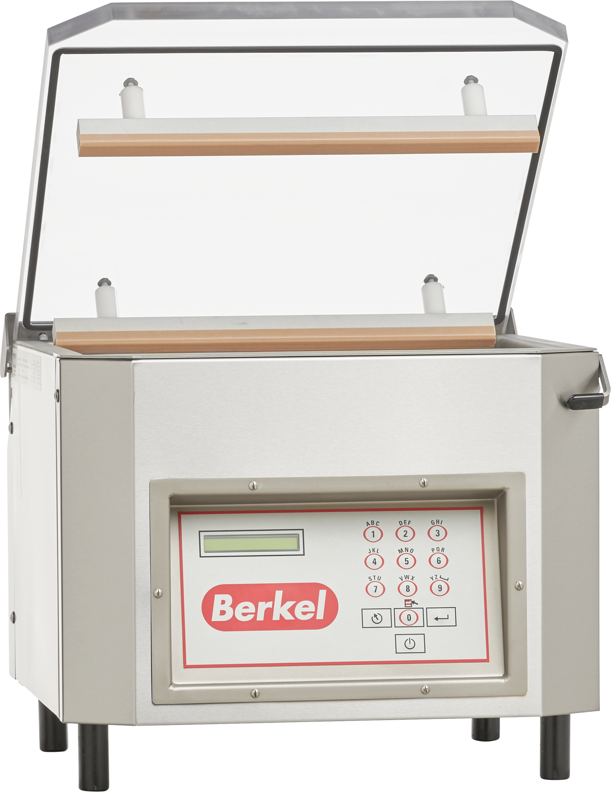 A stainless steel Berkel single chamber Vacuum Packaging Machine with an open transparent lid, digital control panel with buttons and display, and two sealing bars inside. The Berkel logo is prominently shown on the front panel.