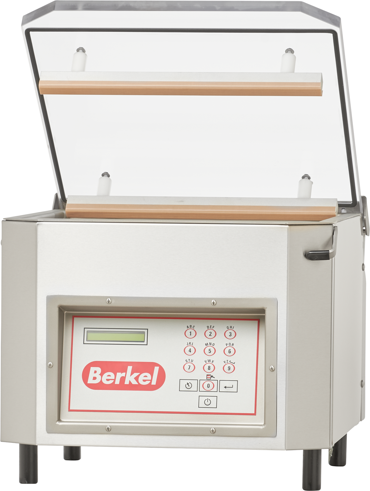 A Berkel single chamber vacuum packaging machine with a transparent hinged lid open, revealing two sealing bars inside. The front panel features a digital display, control buttons, and the Berkel logo. The stainless steel exterior stands on four black legs.