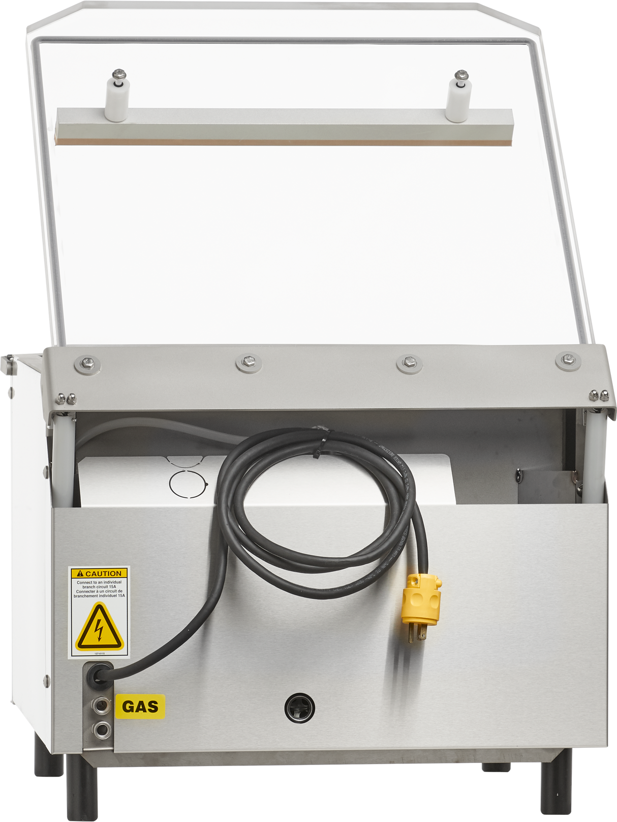 A Berkel stainless steel single chamber Vacuum Packaging Machine with a transparent top lid, a coiled black and yellow power cord, a gas warning label, and a reflective surface; viewed from the front with the lid open to reveal internal components.