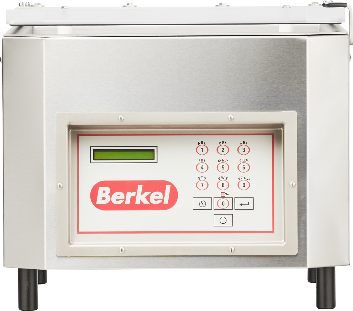 A Berkel single chamber vacuum packaging machine made of stainless steel, featuring a rectangular control panel with a small green display, numeric keypad, function buttons, and the red Berkel logo prominently displayed in the center.