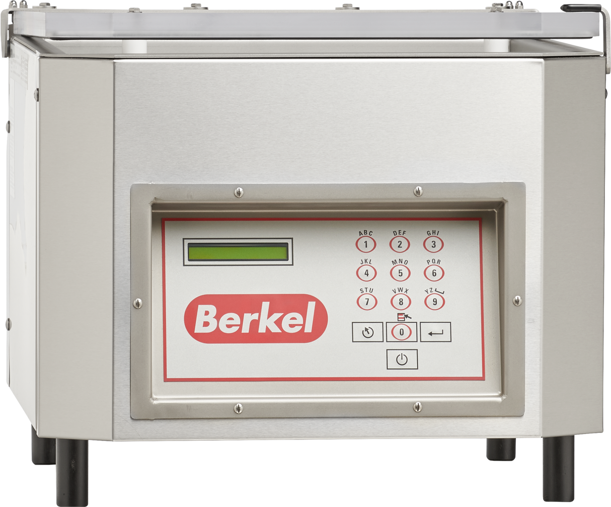 A Berkel single chamber Vacuum Packaging Machine in stainless steel with a rectangular shape. The front panel includes a digital display, a numeric keypad with labeled red buttons, and the red Berkel logo below the display. The top lid is partially open.