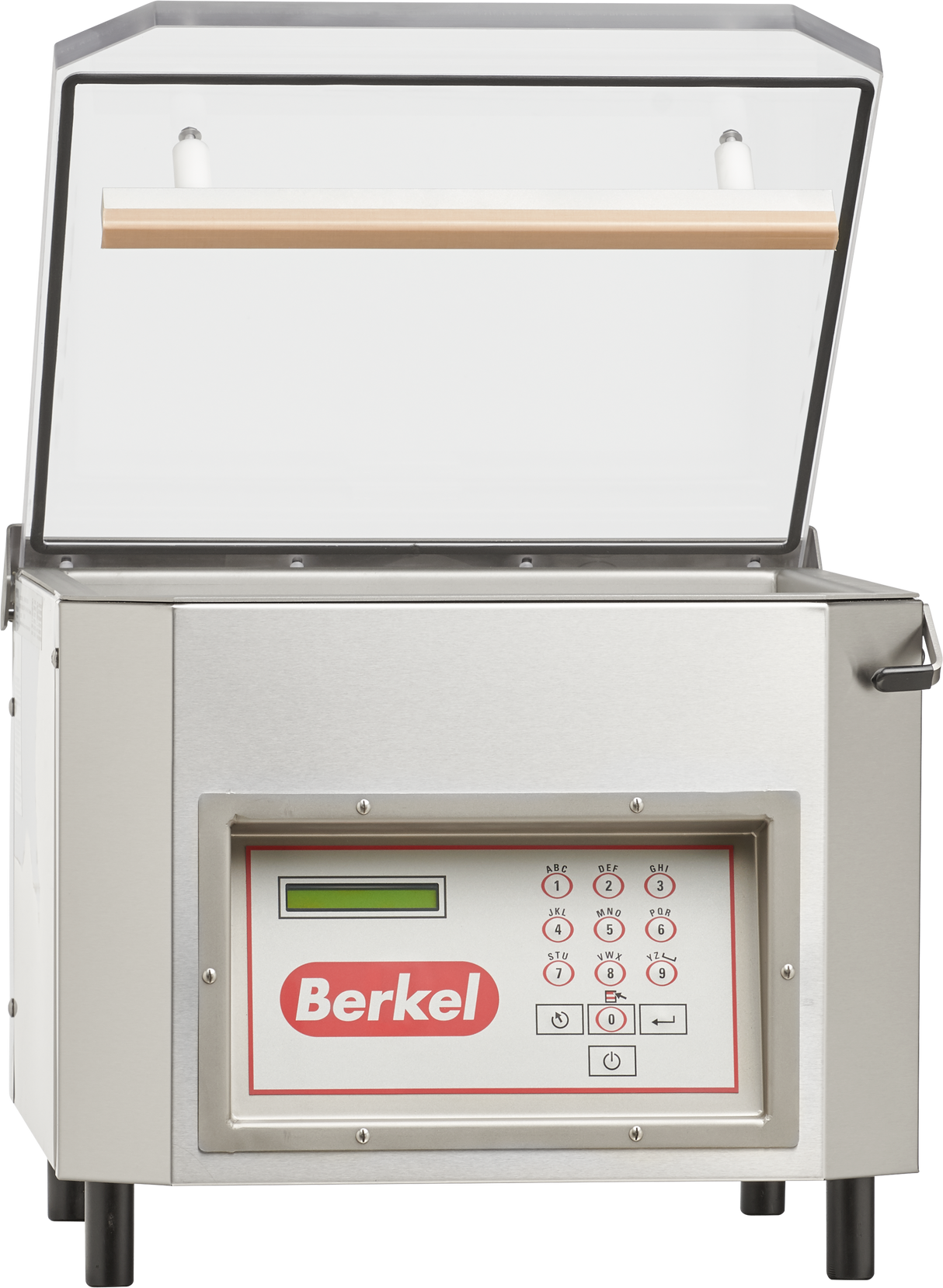 A stainless steel Berkel single chamber vacuum packaging machine with an open transparent lid, digital display, and control panel featuring buttons and a small screen. The Berkel logo is prominently displayed on the front, and the machine stands on four black feet.