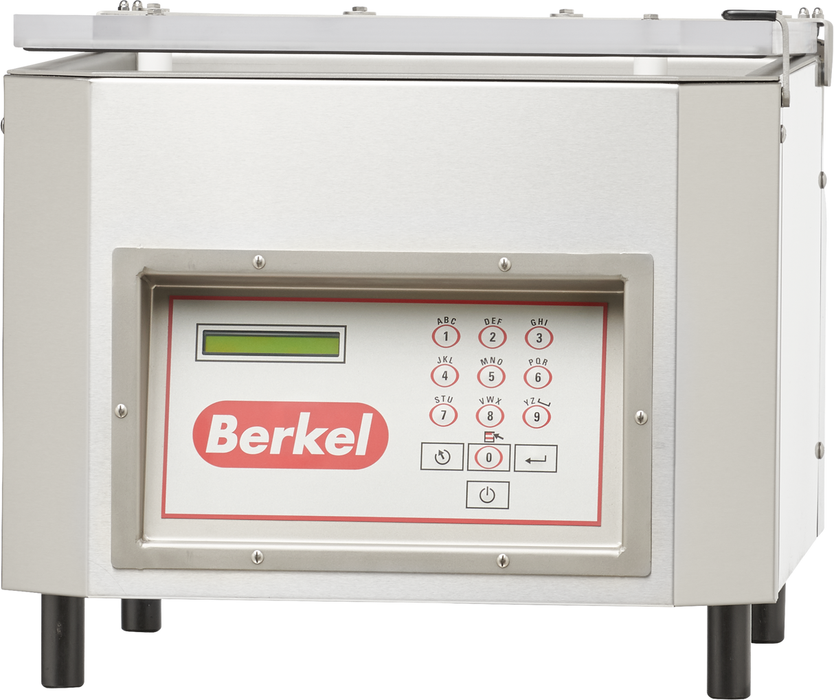 A stainless steel Berkel single chamber vacuum packaging machine with a digital control panel, numeric keypad, display screen, and red Berkel logo. It features a transparent plastic lid and stands on four black legs.