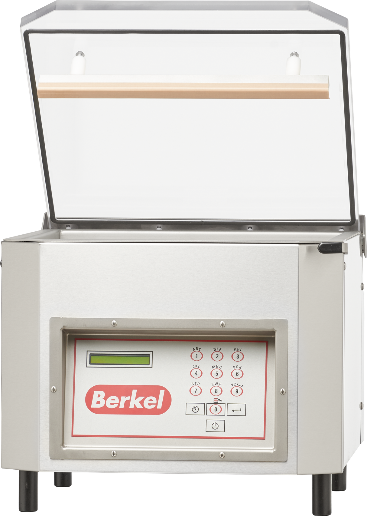 A silver Berkel single chamber Vacuum Packaging Machine with a transparent lid opening upwards. The front panel features a digital display, keypad with multiple buttons, and the red Berkel logo. Its rectangular design looks industrial and modern.