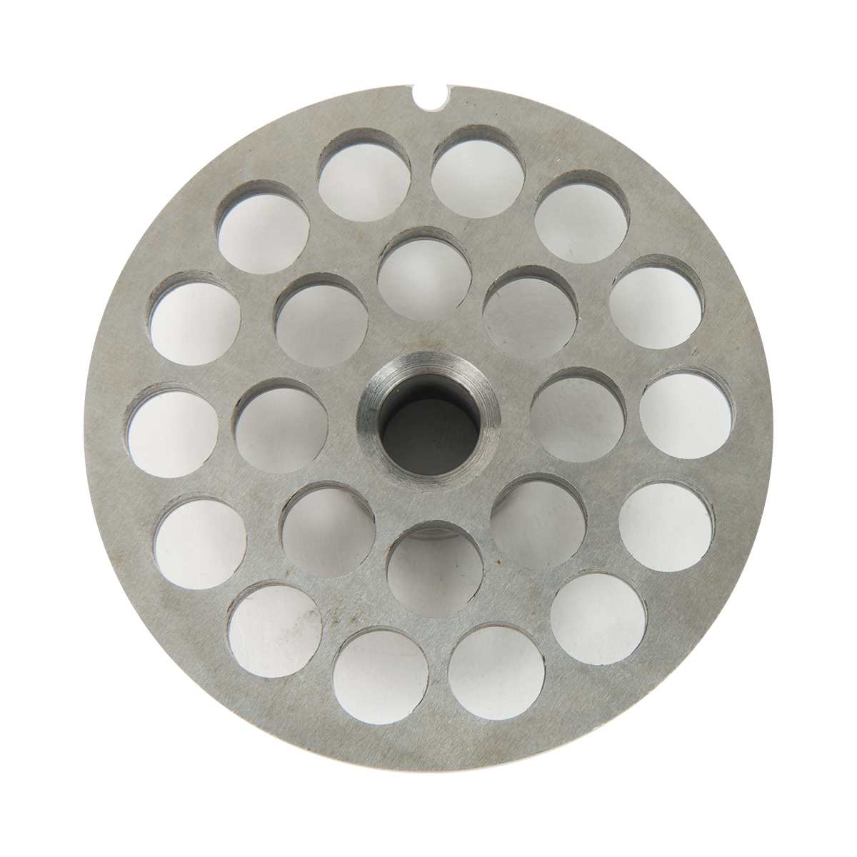 A round metal Chopper Plate with a central hole and 16 evenly spaced 3/8" holes arranged in a grid. The disc, likely for a Varimixer meat grinder, features a small notch on the edge and has a gray metallic surface.