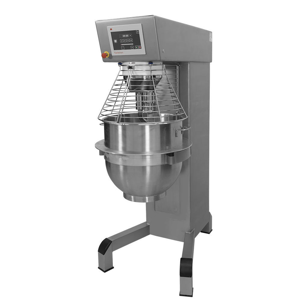 A heavy duty planetary mixer with a large 150 qt mixing bowl, protective wire guard, and digital programmable control panel. The mixer stands on sturdy legs with black rubber feet and features a sleek brushed metal finish against a plain white background.