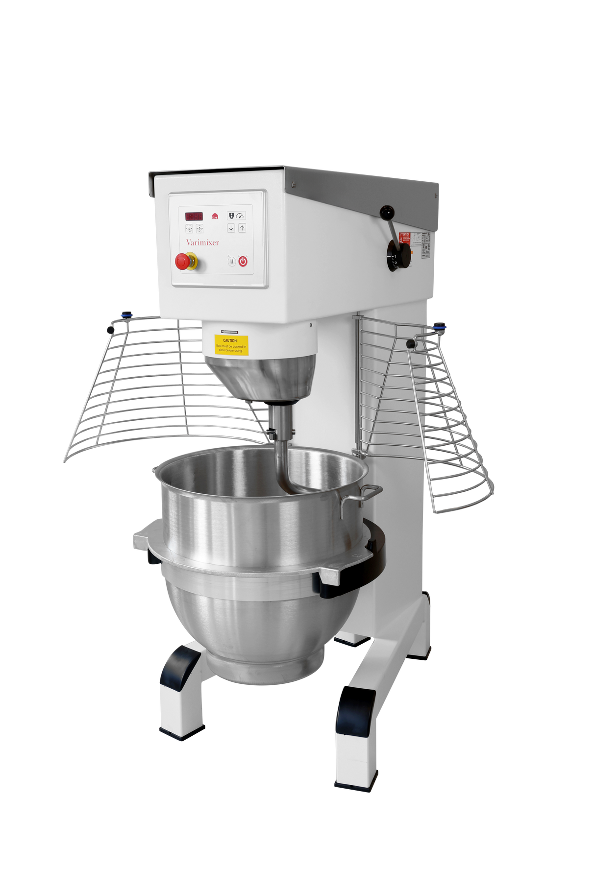This commercial planetary mixer features a large stainless steel mixing bowl and protective wire guards. The 100 quart mixer has a white body, digital control panel with display screen, and sturdy black-capped legs for stability.