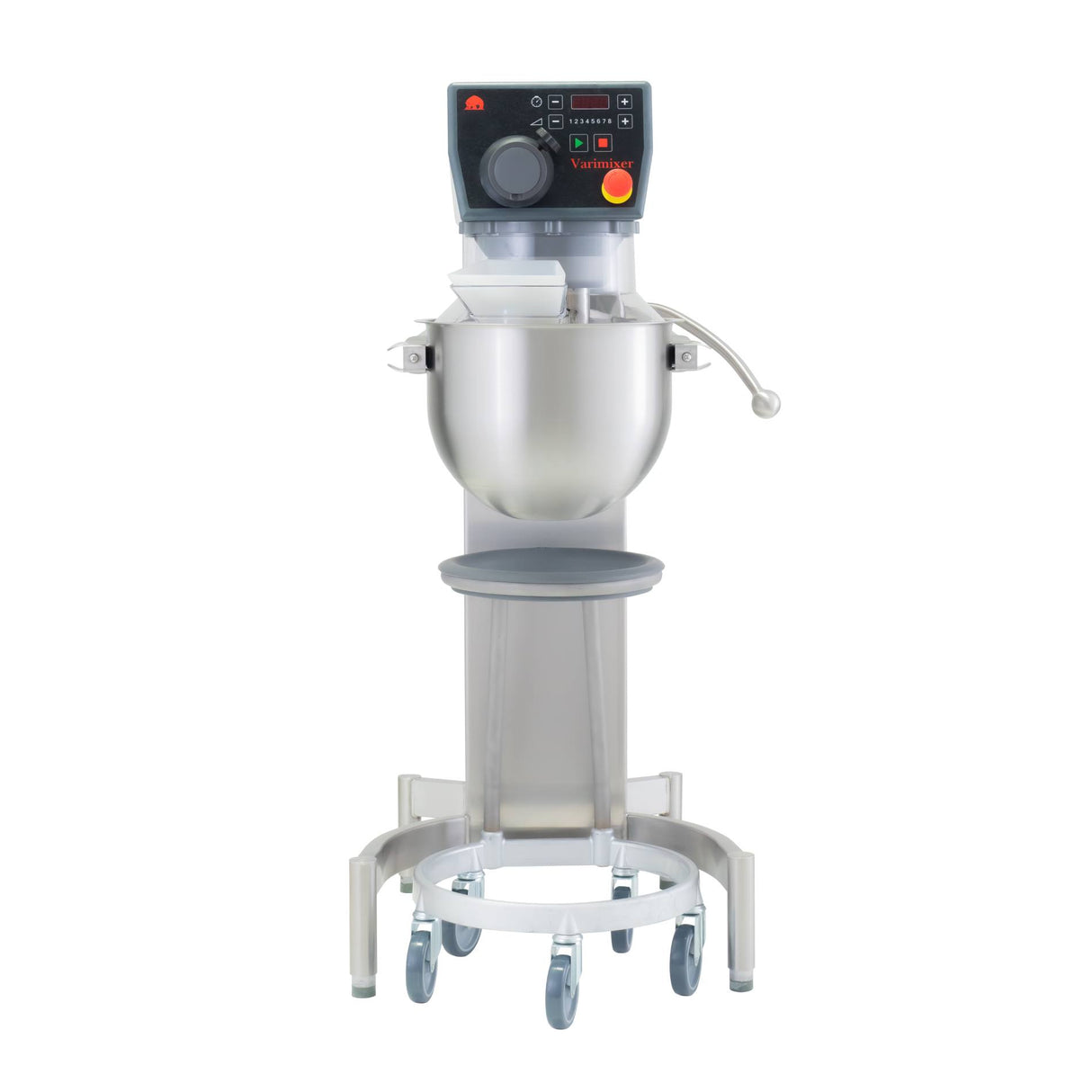 The Varimixer KODIAK 20 qt. Food Mixer features a large stainless steel bowl, digital controls, and multiple front-panel buttons and dials. It stands on a sturdy wheeled base and includes a lever arm attached to the bowl for easy operation.