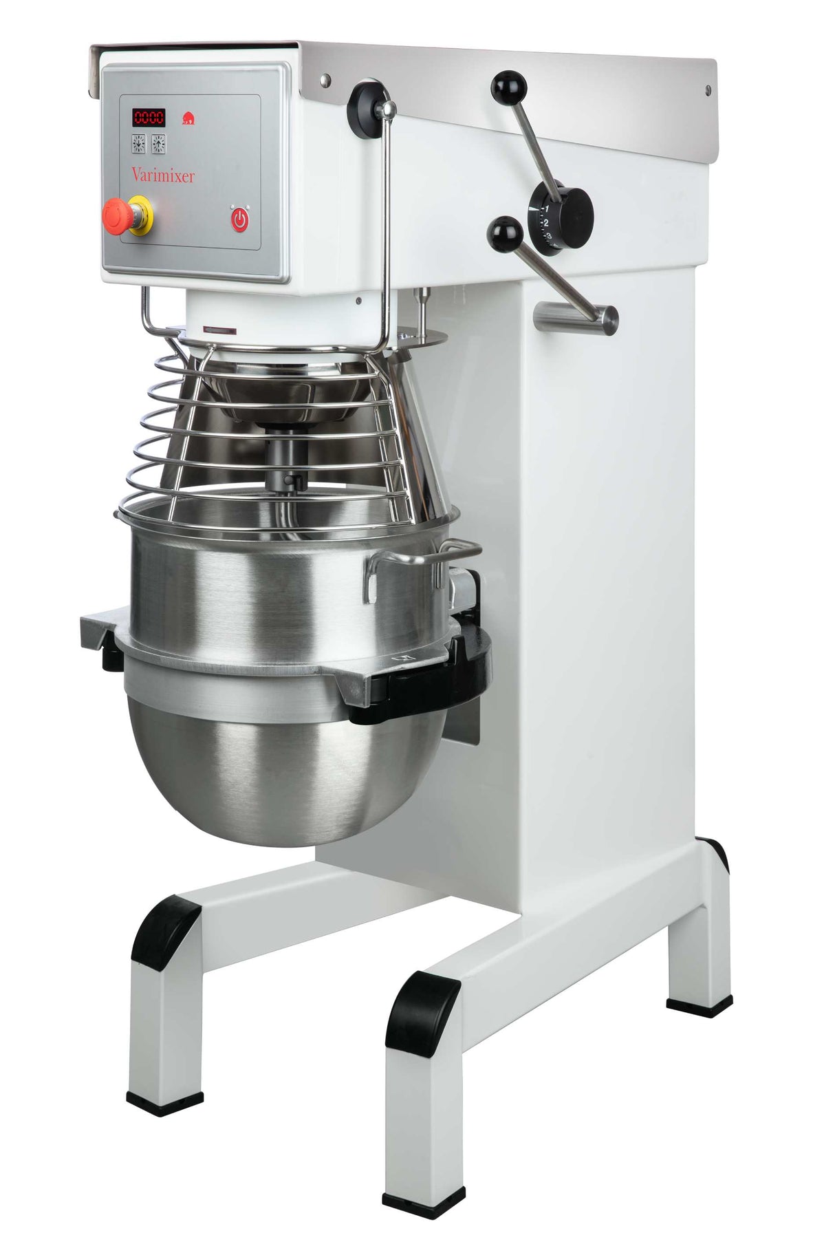 A large industrial 30 qt mixer with a stainless steel bowl, metal wire safety guard, control panel, levers, and a white and silver body. This planetary mixer stands on four sturdy legs with black foot caps.