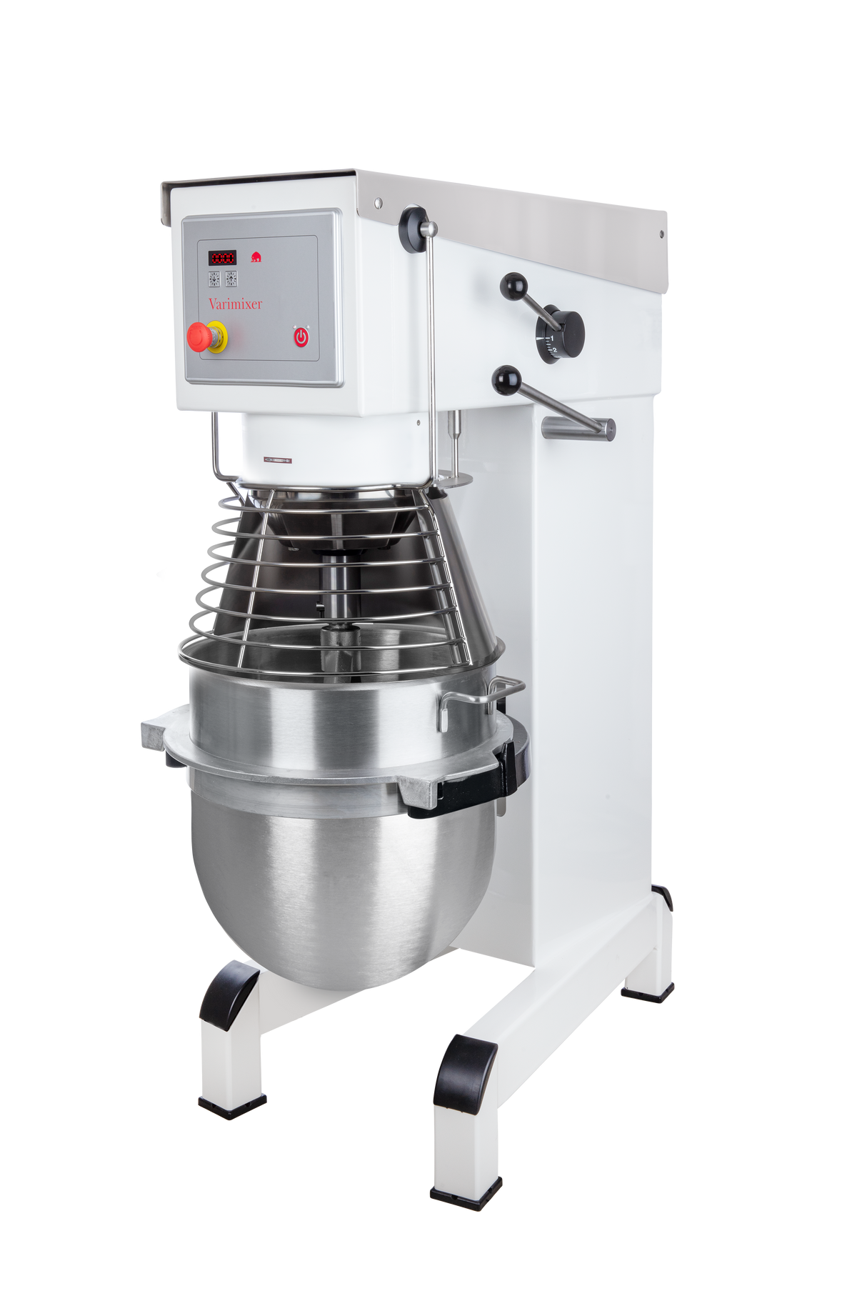 A commercial planetary mixer with a large stainless steel mixing bowl, metal wire guard, digital control panel, two control knobs, and a sturdy white frame with black-tipped feet, photographed against a plain white background.