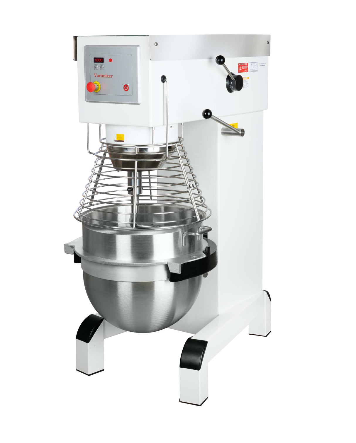 The Varimixer V80 is a commercial 80 Quart Planetary Mixer with a white metal body, digital control panel, and stainless steel mixing bowl. It features a wire safety guard around the bowl and sturdy black-capped legs for reliable support.