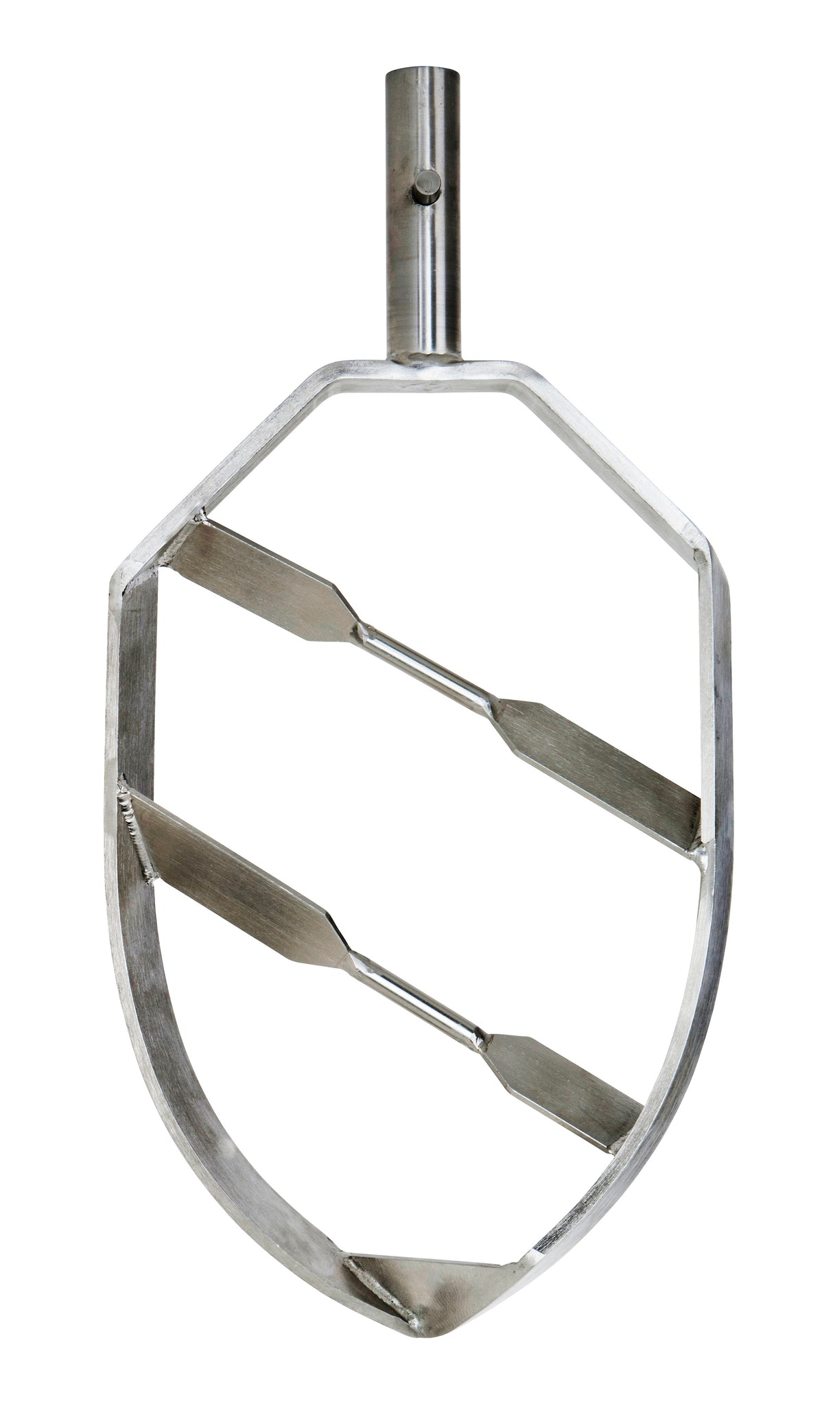 A stainless steel beater for the 100Q ERGO Mixer by Varimixer, this metal paddle features a hexagonal frame with three diagonal blades and a shiny, durable finish. The top has a cylindrical connector for easy mixer attachment.