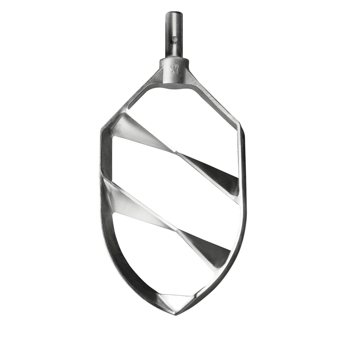 A metal Aluminum Beater attachment for a stand mixer, shaped like an elongated oval with three angled crossbars and an attachment point at the top. Designed for the 150Q ERGO Mixer by Varimixer, it features a sleek, polished surface and sturdy construction.