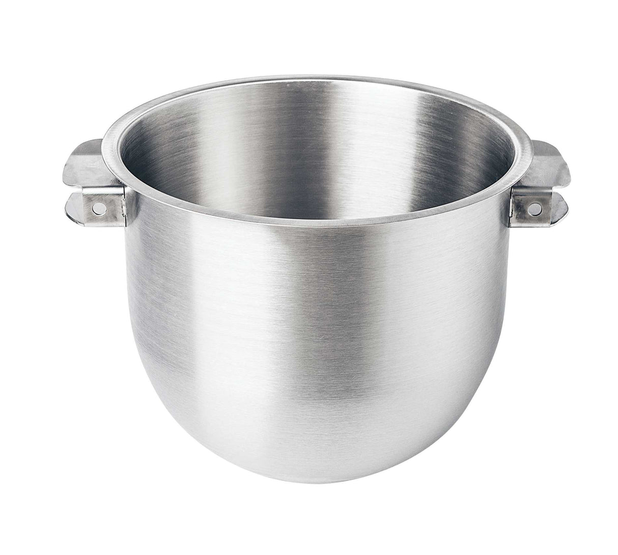 A shiny, stainless steel Varimixer 20 Qt. Kodiak Bowl with two flat side handles is viewed from a slightly elevated angle against a white background. The bowl has a smooth surface and rounded base, ideal for mixing or holding ingredients.