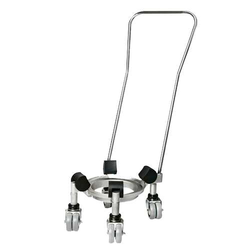 A metal bowl truck with a circular base, three caster wheels, and a tall, U-shaped handle. The design is ideal for transporting an 80 qt. bowl or cylindrical objects like gas cylinders. Black fixtures above the wheels add stability. Background is plain white.