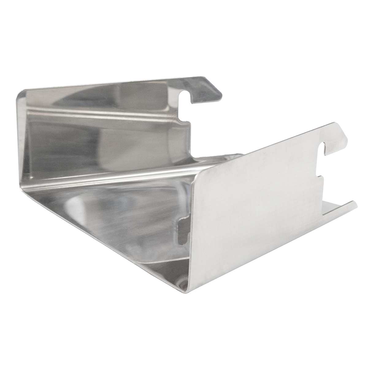 A shiny, stainless steel bracket with bent edges and multiple notches forms a triangular shape—perfect as an Ingredient Chute or VCHUTE accessory for the Varimixer. The smooth, reflective metal features angular folds for mounting, set against a plain white background.