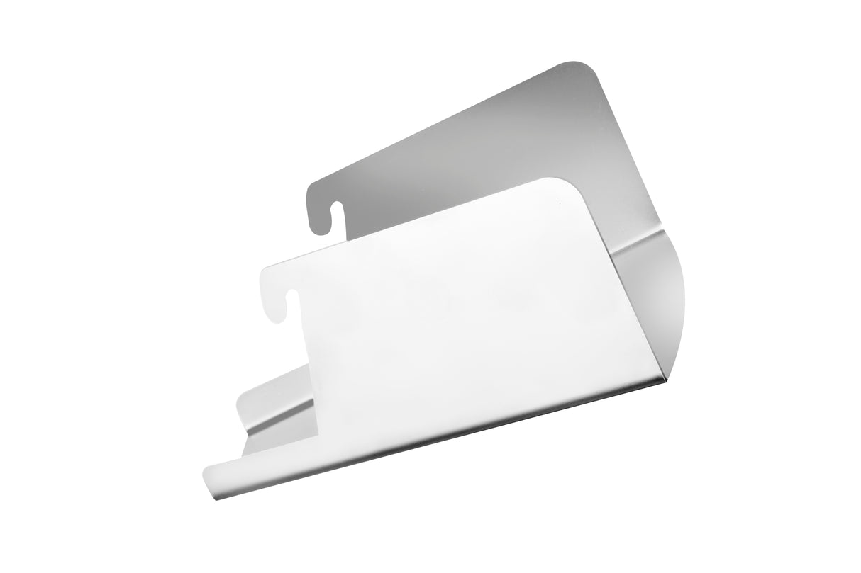 A sleek, silver metal stand with a minimalist design, featuring two angled panels and curved edges. With cut-out hooks and a slot, it's ideal for holding devices or accessories like the Varimixer Ingredient Chute or VCHUTE components.