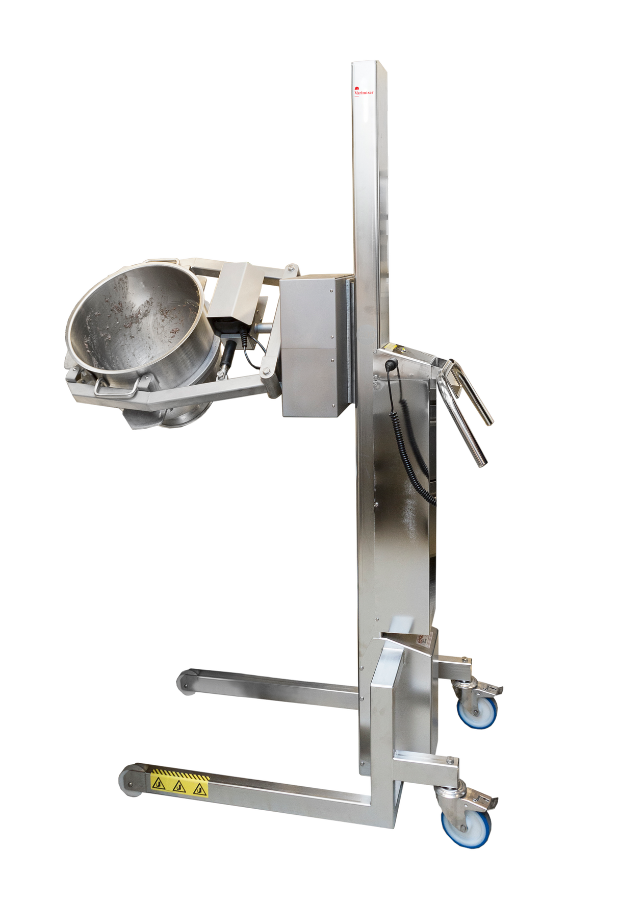 A stainless steel Varimixer Flexlift industrial lifting machine with blue caster wheels and a mounted tilting 30-80 L bowl, designed for lifting and pouring. The device features control handles and warning labels, set against a plain white background.