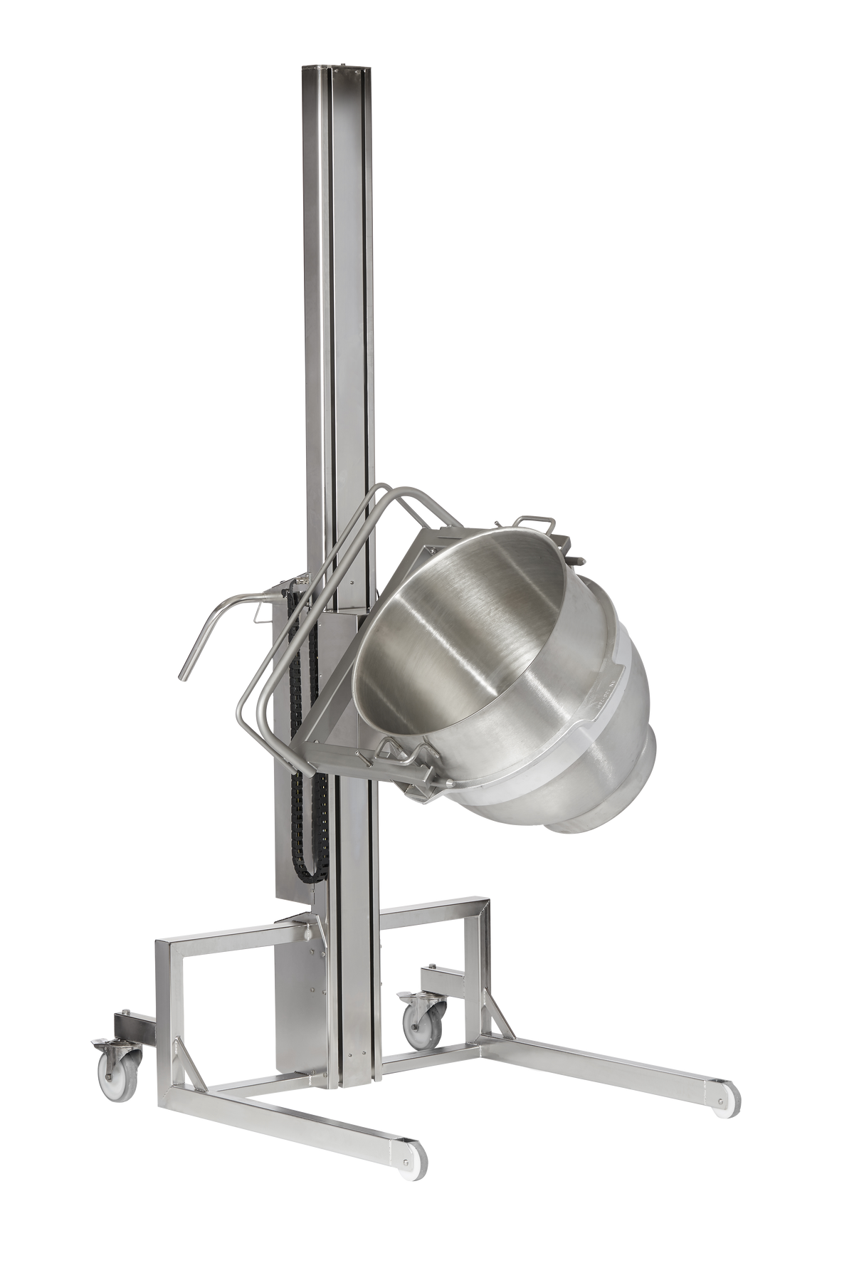 The Varimixer Maxilift Inox is a stainless steel industrial mixing bowl lift with a 140 L capacity, featuring a vertical frame on wheels and a tilting mechanism to securely hold and rotate large bowls for easy pouring. Positioned against a plain white background.