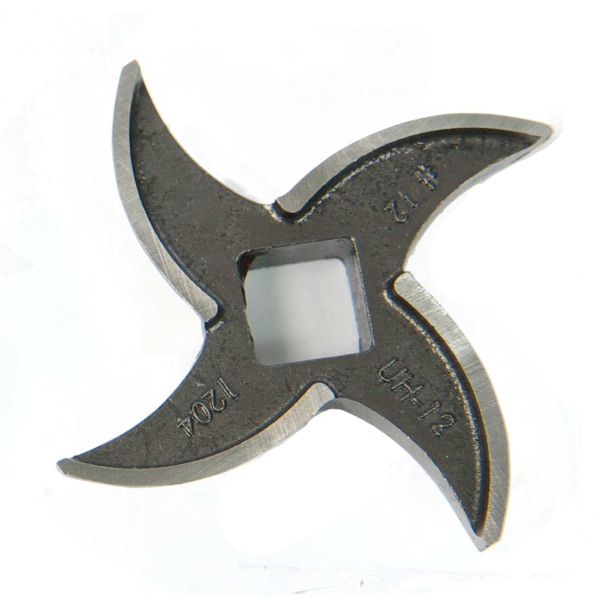 A Varimixer chopper knife (XMCA-SS), this metal meat grinder blade features four sharp, curved edges and a square center hole. Marked with UH-12 and 1204, the slightly worn silver blade is shown from above on a white background.