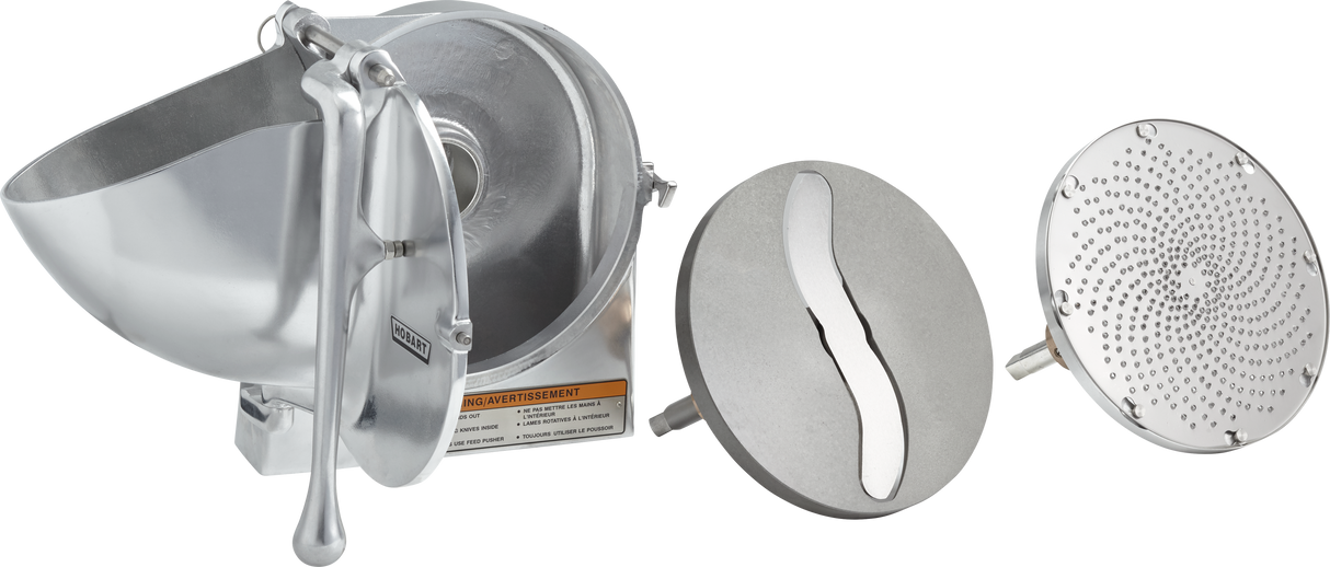 A metallic kitchen tool with a handle and circular body is shown disassembled. Beside it are two removable discs: one with a large curved slit and one covered in small holes, suggesting it’s a Vegetable Slicer with adjustable slicer plate options.