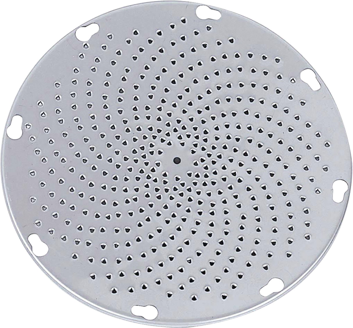 A round, flat, silver metal VS9PLT-13MMSH plate with a spiral pattern of small holes and notches around the edge, this Hobart 13mm shredder plate features a smooth, reflective surface—ideal for draining or steaming in cookware.