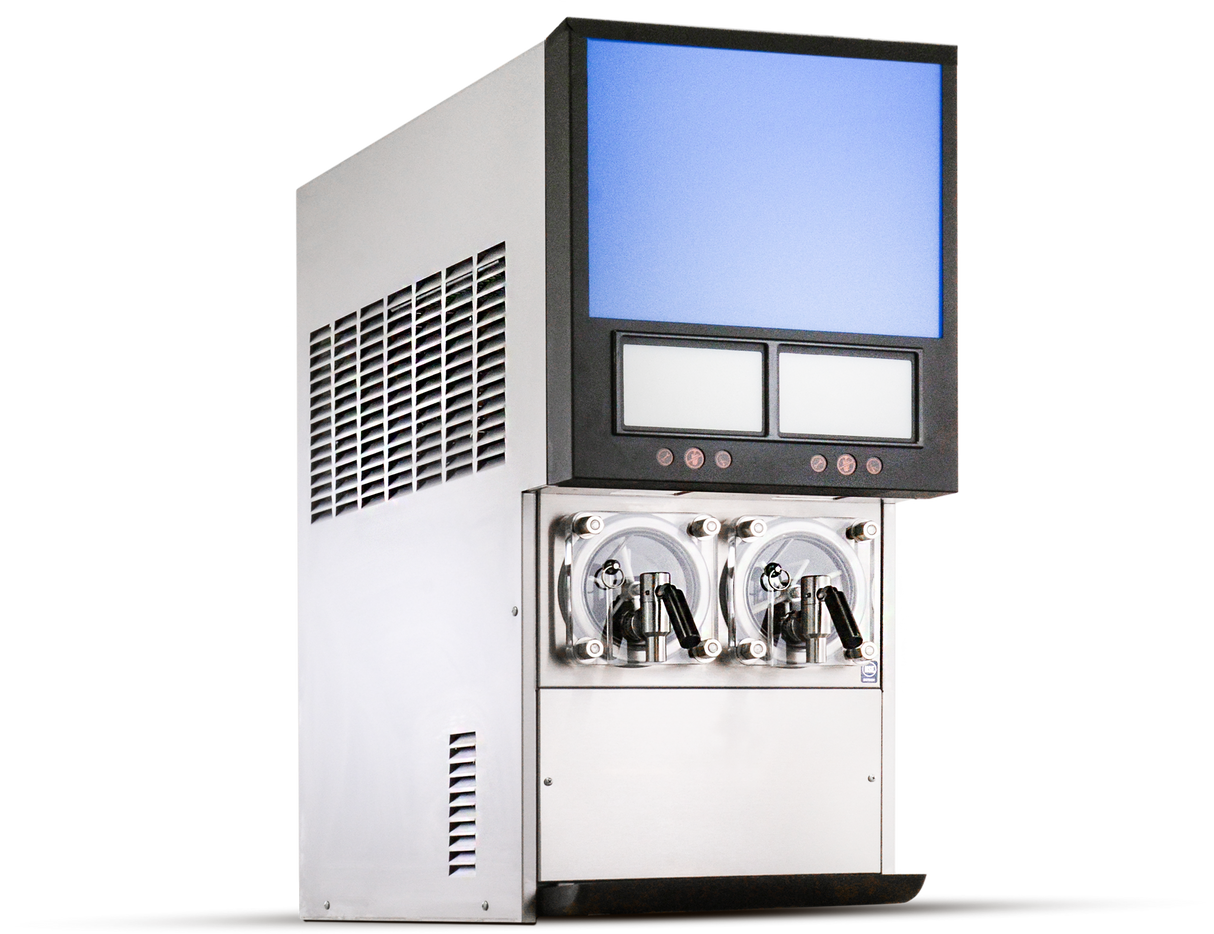 A commercial soft-serve ice cream machine with a silver metallic body, two black dispensing levers, and a blue digital display screen above sits beside a Viper Frozen Beverage Dispenser on a plain white background.