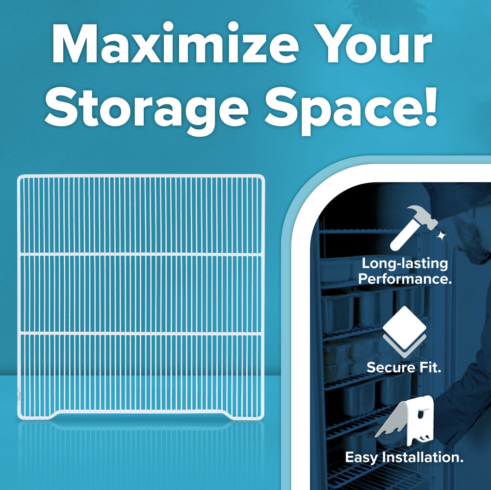 Graphic with text Maximize Your Storage Space! above a white wire Additional Shelf compatible with Atosa USA MBF8001GR. On the right, three icons and text read: Long-lasting Performance, Secure Fit, and Easy Installation. Blue gradient background.