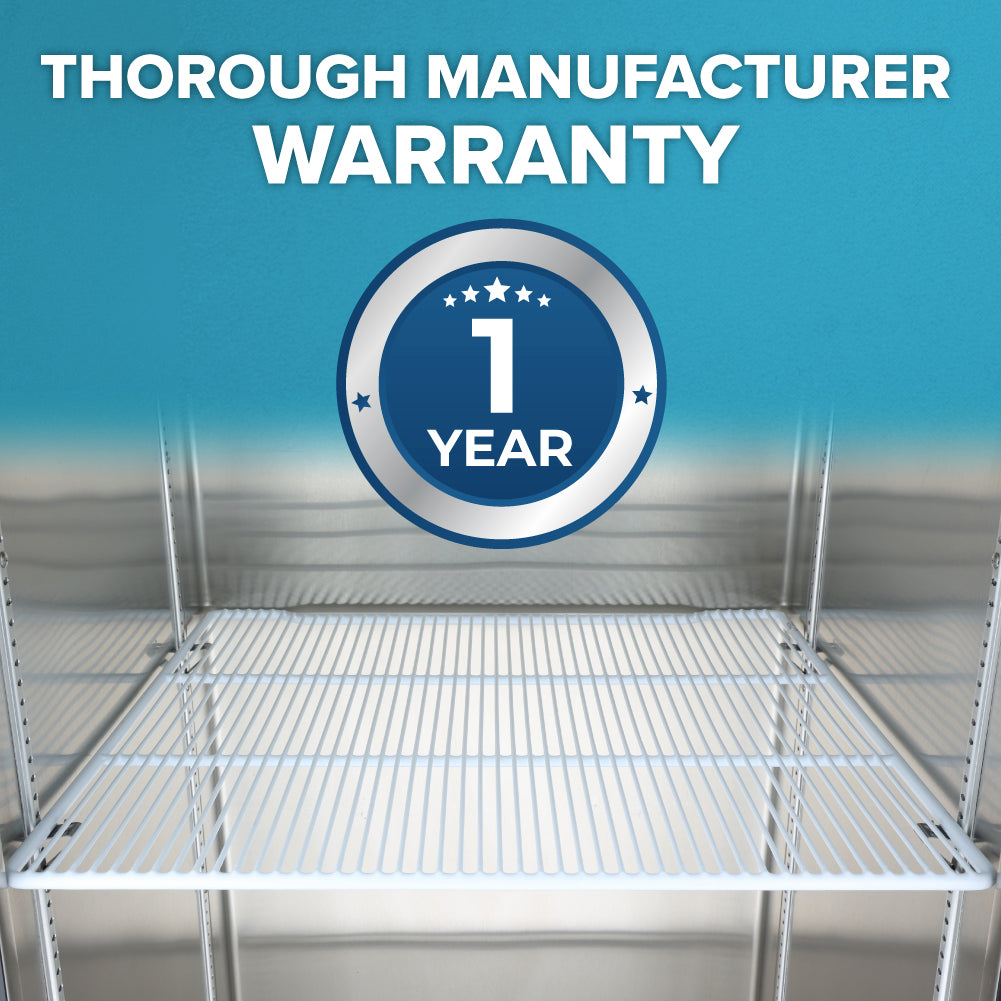 A metal wire Additional Shelf is positioned inside a shelving unit, compatible with Atosa USA MBF8001GR. Above, bold text reads THOROUGH MANUFACTURER WARRANTY. Below, a blue badge displays 1 YEAR with star icons on a gradient background.