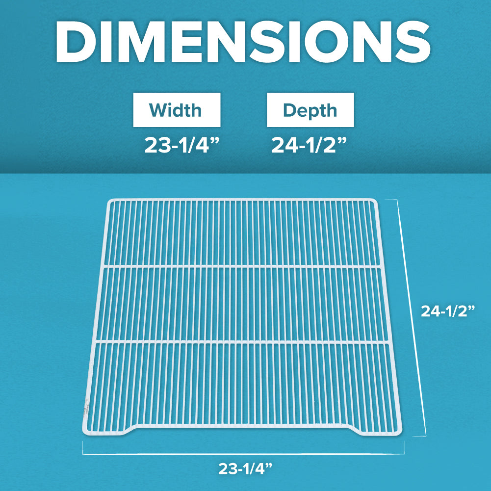 A white wire rack, compatible as an Additional Shelf for the MBF8001GR refrigerator by Atosa USA, is displayed on a blue background. Above it, DIMENSIONS appear with labeled boxes showing Width: 23-1/4” and Depth: 24-1/2”.