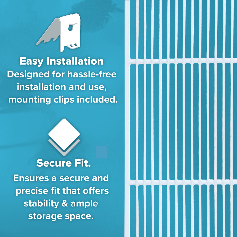 A blue background image with a white shelf grid on the right. On the left, text reads “Easy Installation” above a winged clip icon, and “Secure Fit” above a square icon, highlighting Atosa USA shelf clips for hassle-free mounting and stable Additional Shelf storage.