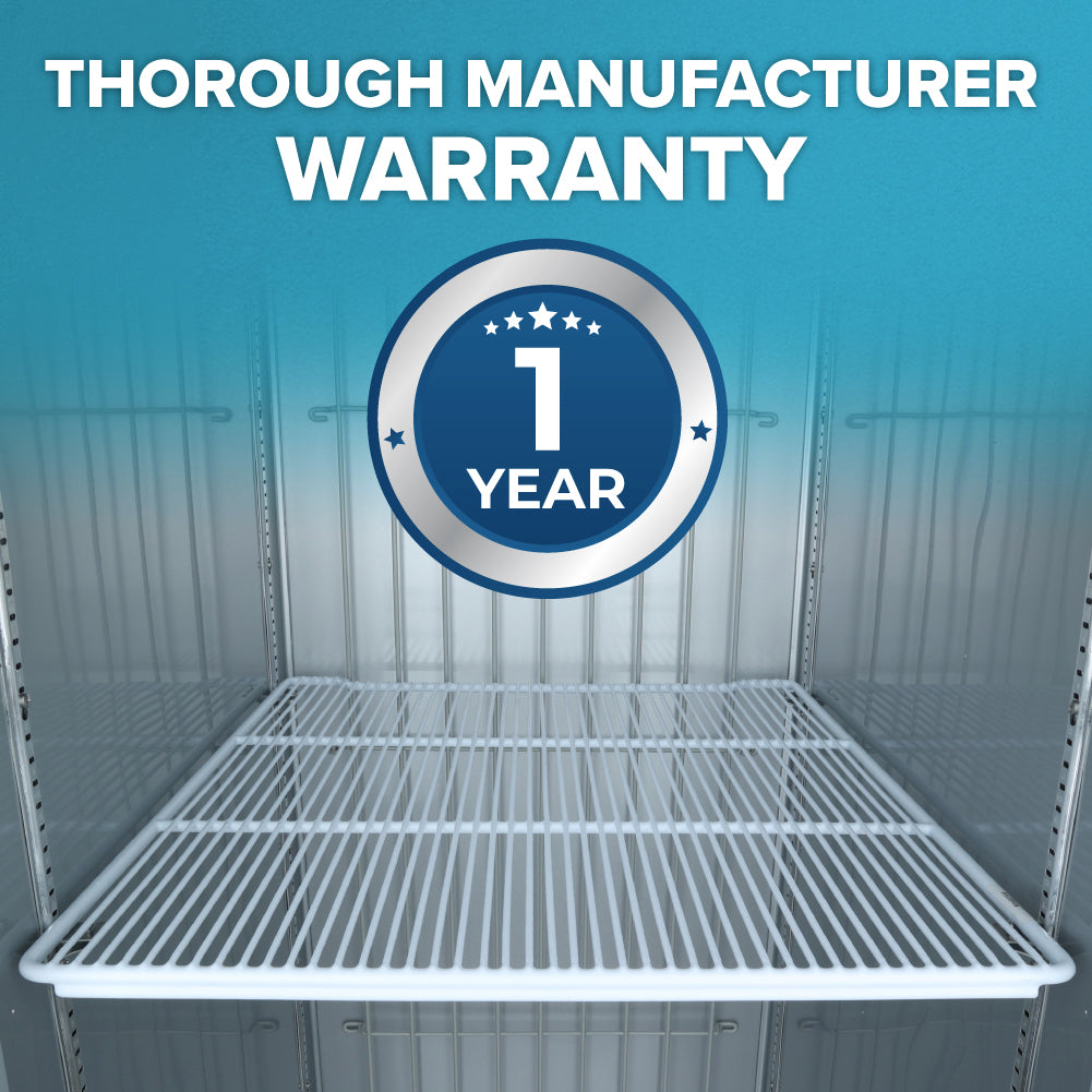 A white wire Additional Shelf is installed inside a cabinet with secure shelf clips. Above the shelf, text reads THOROUGH MANUFACTURER WARRANTY and a circular badge in the center says 1 YEAR with stars, set against a blue gradient background.