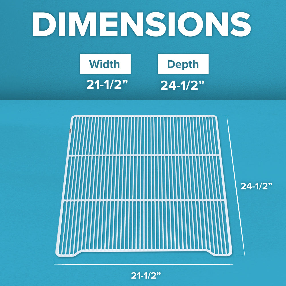 A white wire shelf from Atosa USA is shown against a blue background. Text above the shelf reads DIMENSIONS, with arrows marking its 21-1/2 inch width and 24-1/2 inch depth. Shelf clips are visible for easy installation of an Additional Shelf.