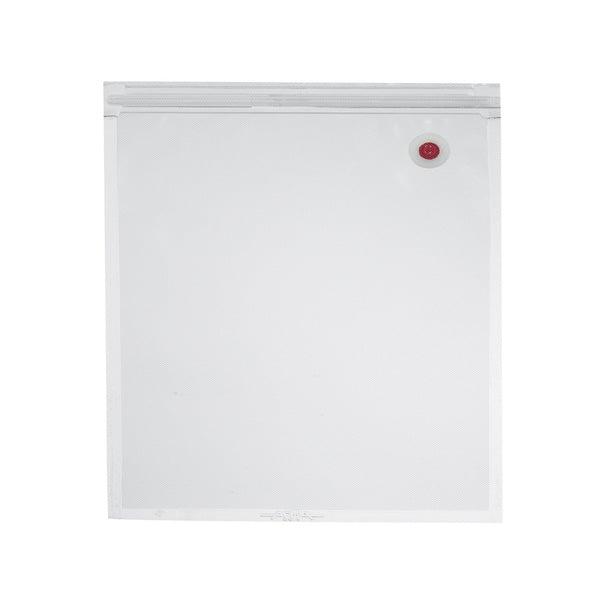 A clear, rectangular Waring 2 gallon vacuum seal bag with a textured surface and a small circular red valve near the top right corner. The empty bag is displayed against a plain white background.