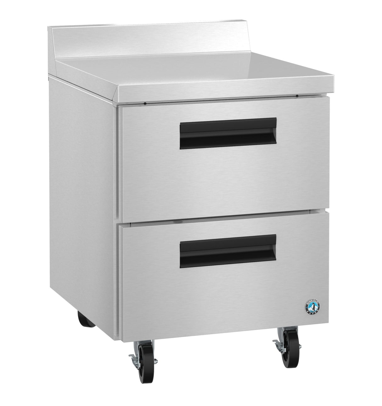 A sleek, industrial Hoshizaki Steelheart stainless steel commercial kitchen cabinet with two stainless steel drawers, black handles, caster wheels, a solid worktop surface, and a short backguard—perfect for modern kitchen efficiency.