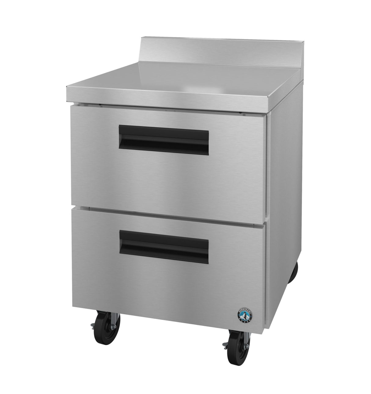 A Hoshizaki Steelheart commercial refrigerator with stainless steel drawers, recessed handles, backsplash, and four wheels for mobility—perfect for professional kitchens. Features a small blue certification sticker near the bottom right corner.