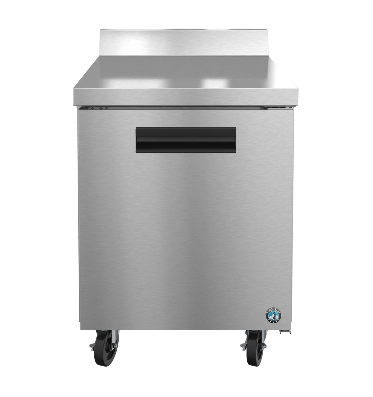 A Hoshizaki stainless steel worktop freezer on four caster wheels, featuring a single door, horizontal black handle, and raised backsplash. The logo on the bottom right indicates it is a certified appliance.