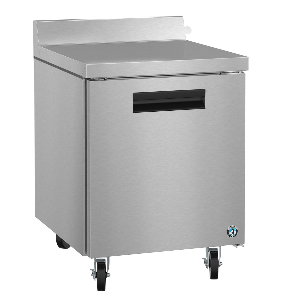 A Hoshizaki stainless steel commercial worktop freezer with a flat top, single door with black handle, small wheels for mobility, and a logo on the bottom right. This freestanding unit boasts a sleek, industrial design.