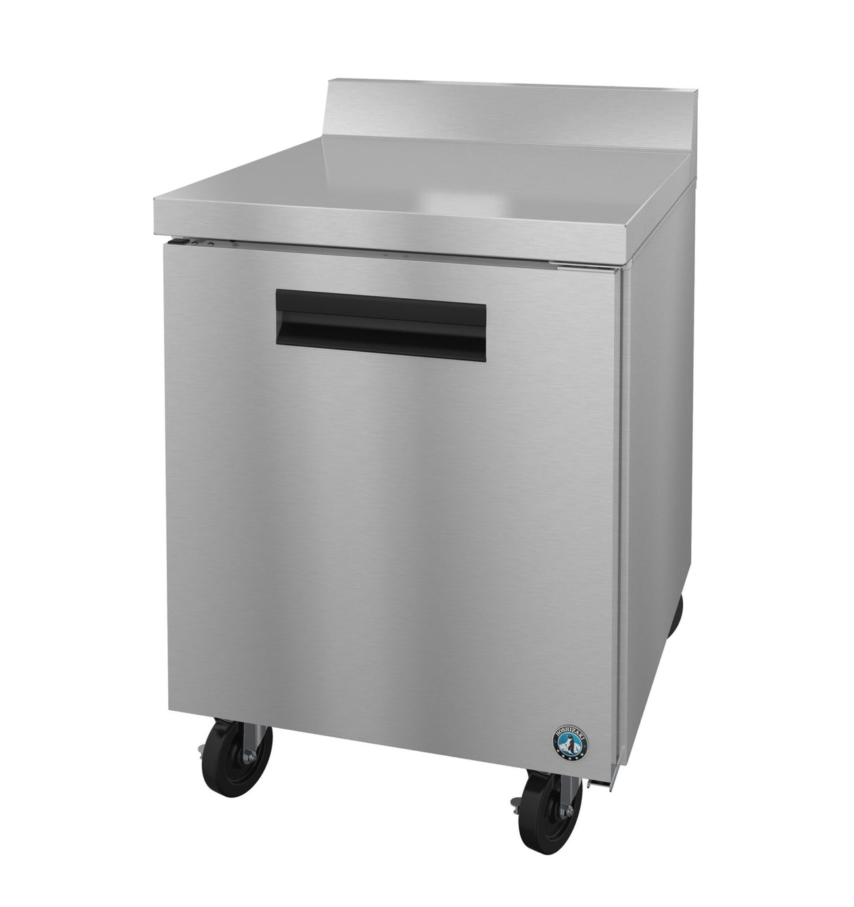 The Hoshizaki stainless steel commercial worktop freezer features a solid door, recessed handle, and wheels for mobility. Its smooth top with a short backsplash and logo at the bottom right complete the modern, utilitarian design.