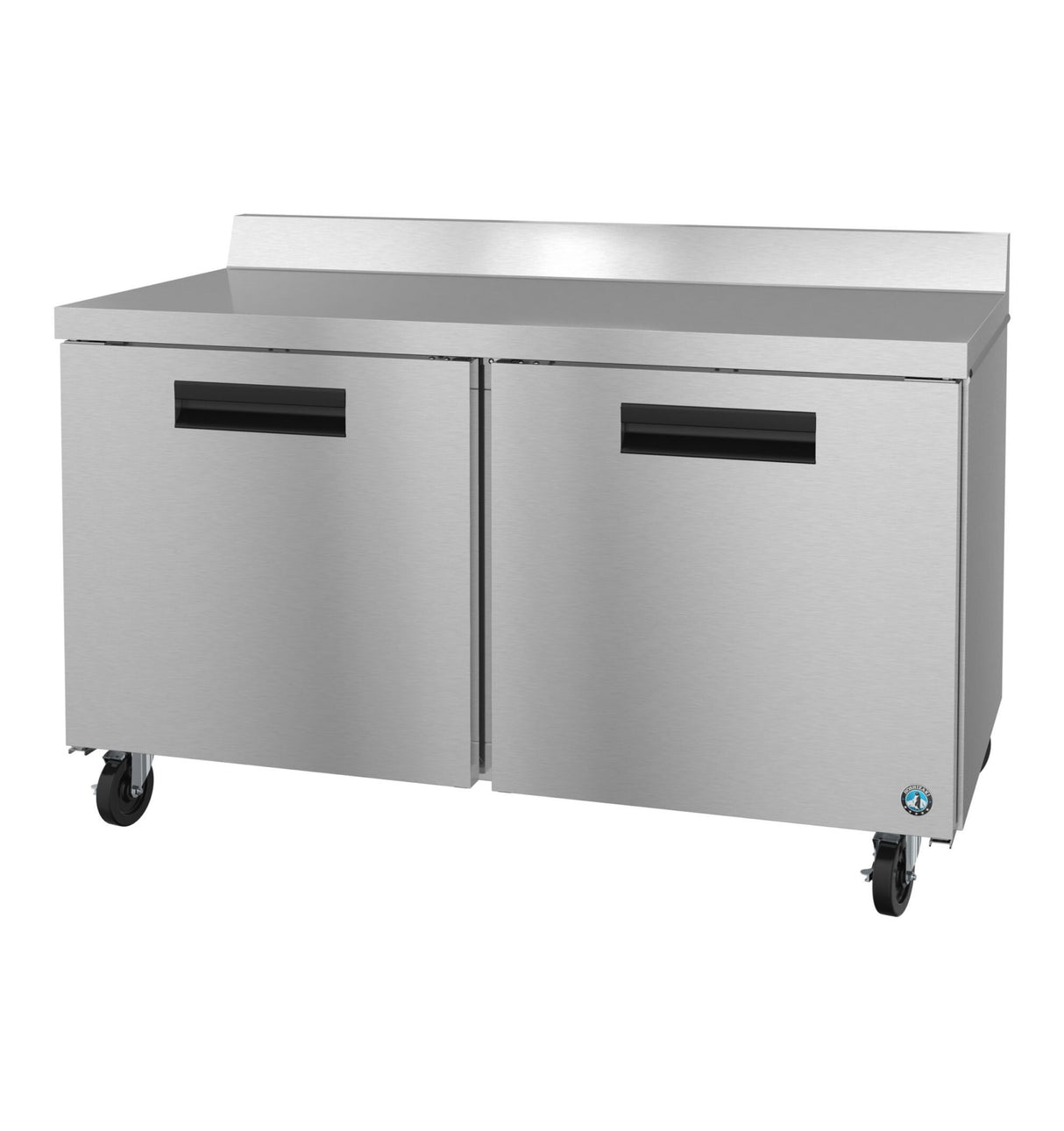 The Hoshizaki WF60B Steelheart Series worktop freezer features stainless steel construction, two side-by-side doors, black handles, a sleek countertop with backsplash, and four caster wheels—perfect for any modern kitchen.