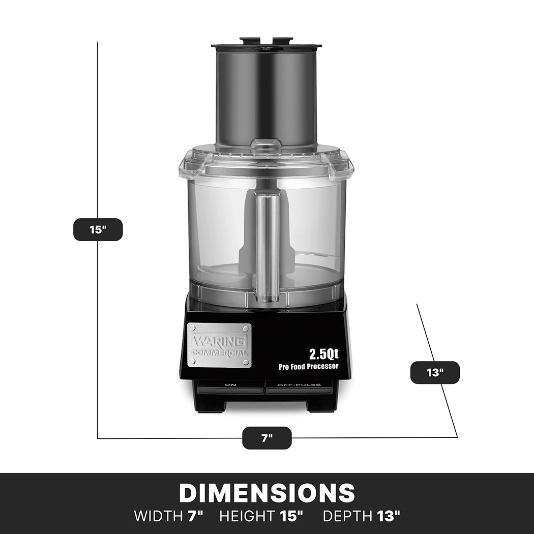 A black and clear Waring Commercial food processor is shown front-facing. The 2.5 Qt Pro batch bowl food processor features a LiquiLock Seal System. Dimensions: 15" height, 7" width, and 13" depth. It sits on a sturdy black base.