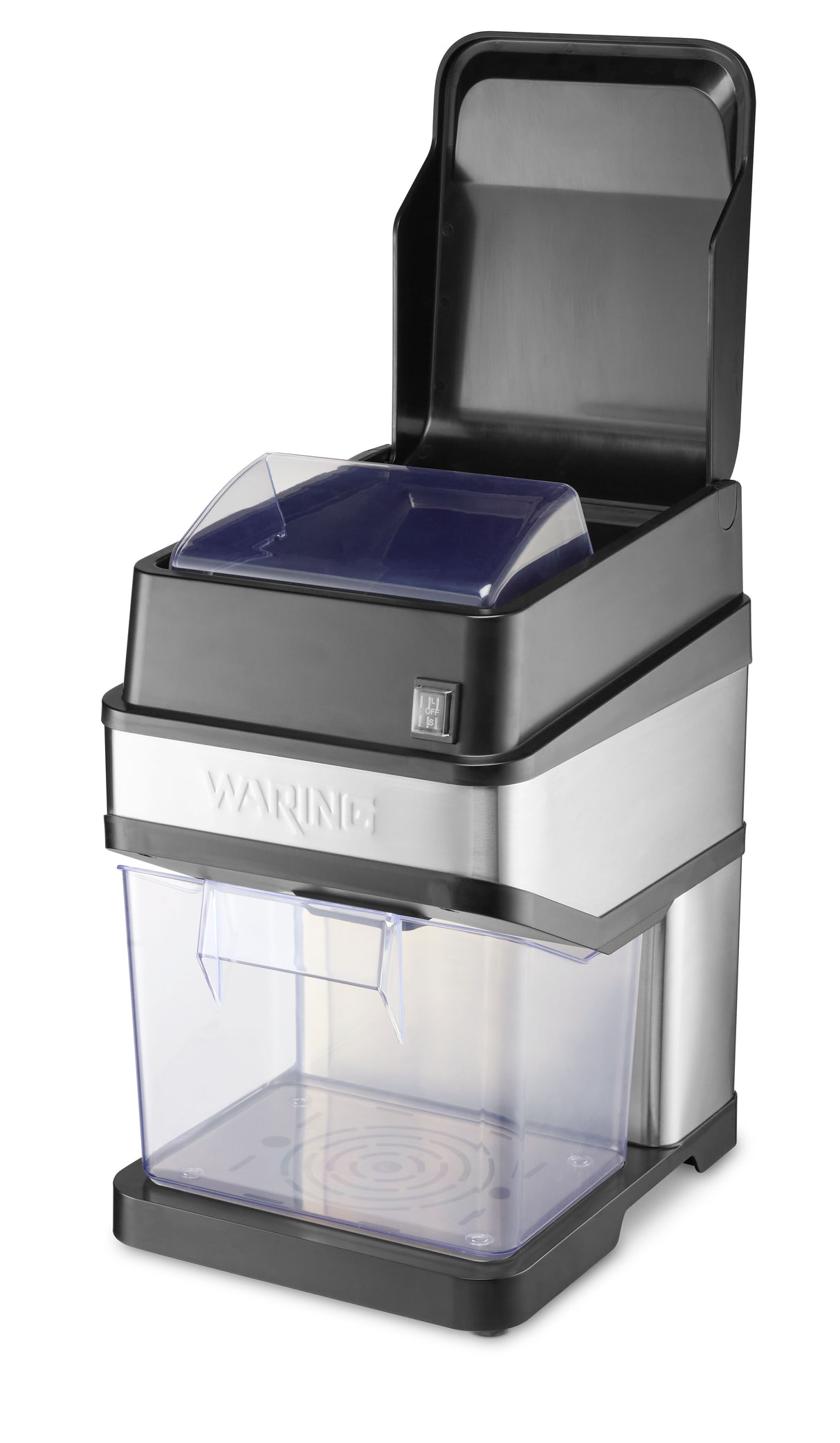 A stainless steel and black Waring Ice Crusher with a clear plastic collection bin, hinged top lid, transparent ice feed cover, and front power switch. The brand name Waring is embossed on the upper front—perfect as a commercial ice crusher for any bar or kitchen.