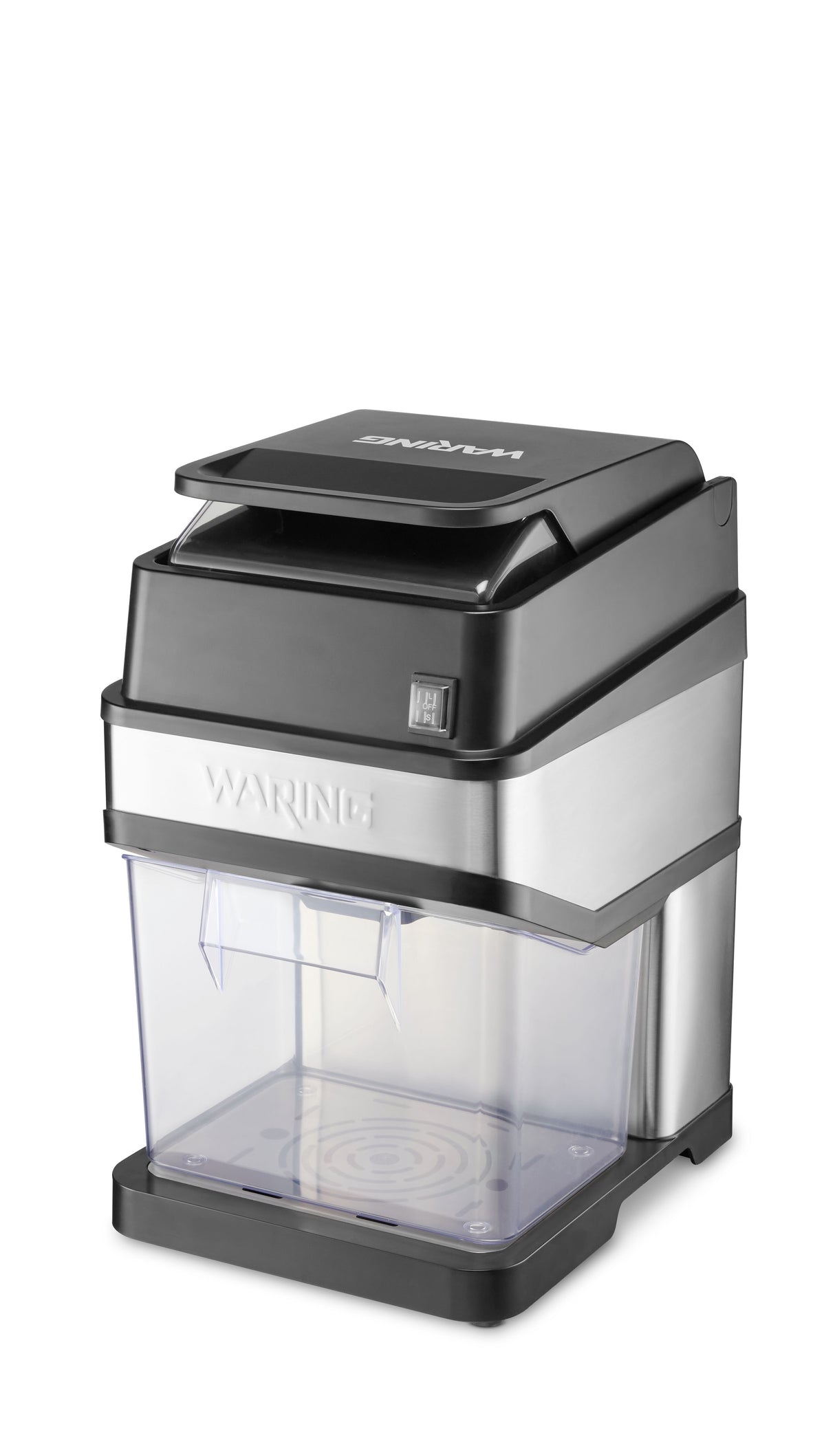 A stainless steel and black Waring Ice Crusher with a clear plastic container for collecting crushed ice, a power button on the front, and a lid on top. This commercial ice crusher is set against a plain white background.