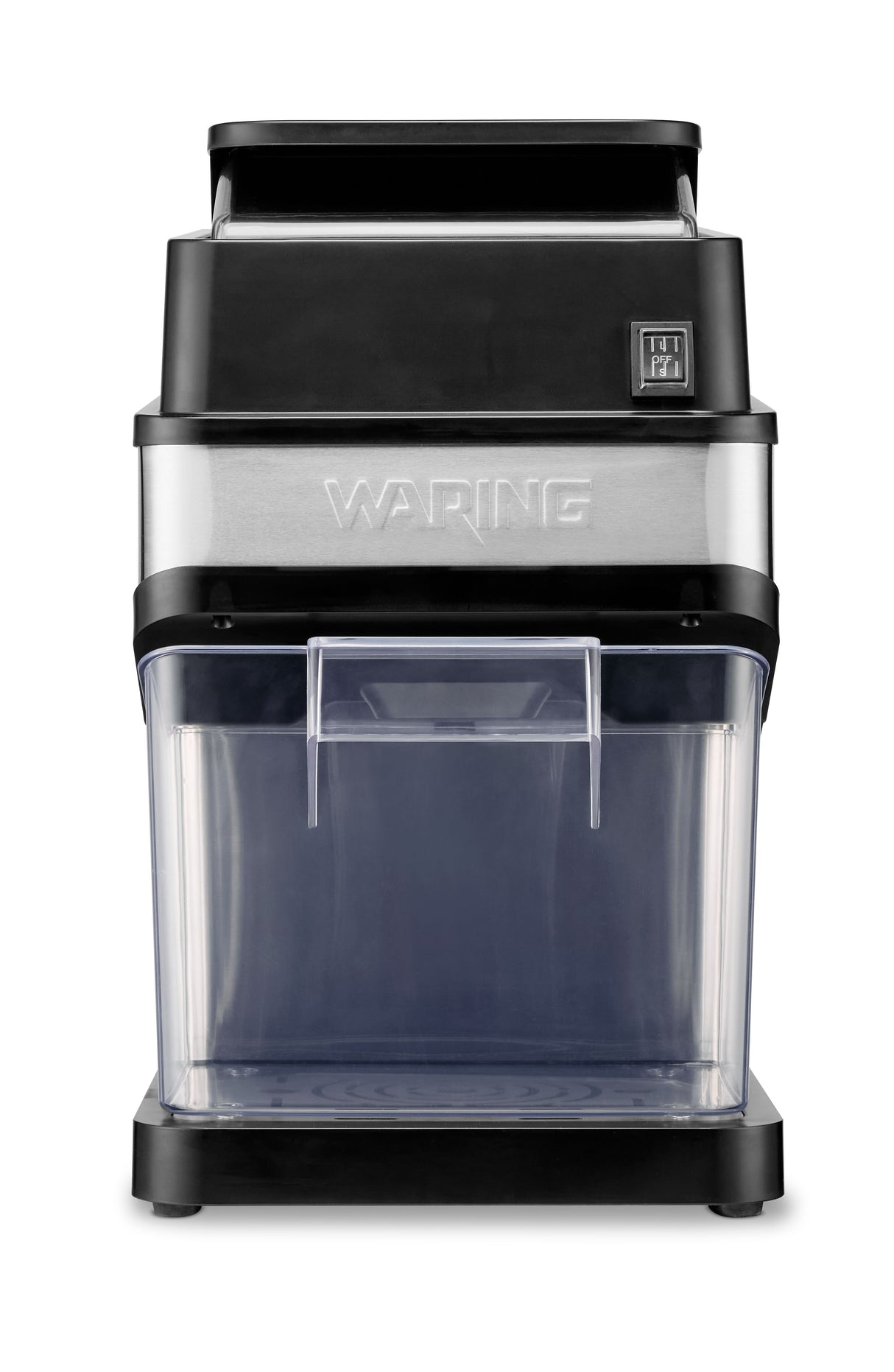 A front-facing view of a Waring countertop ice crusher machine. It features a sleek, stainless steel and black design with a transparent plastic container at the bottom to collect crushed ice. The on/off switch is visible near the top right corner.