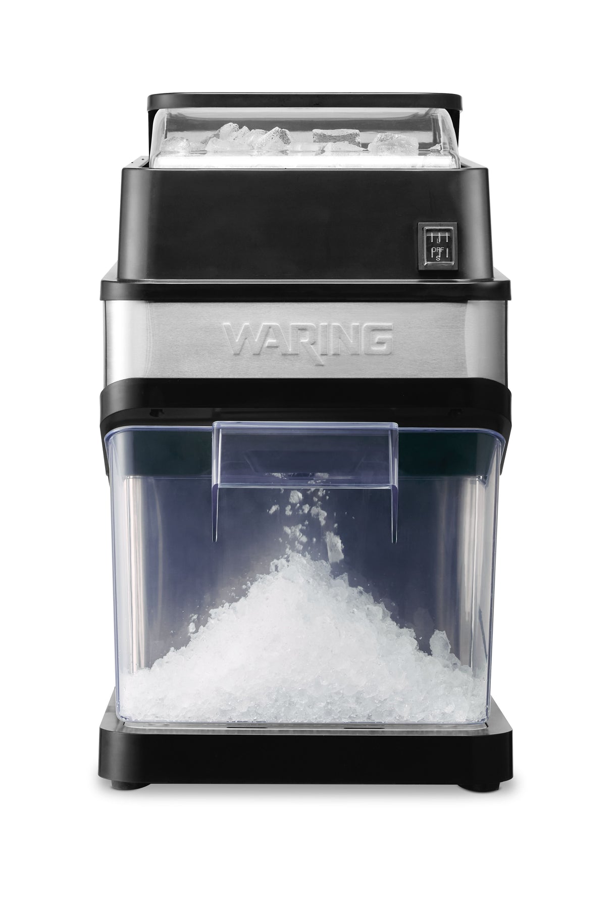 A Waring commercial ice crusher with a clear plastic container filled with crushed ice sits on a white background. The top is black and silver with visible ice inside, and the WARING brand name is embossed on the front.