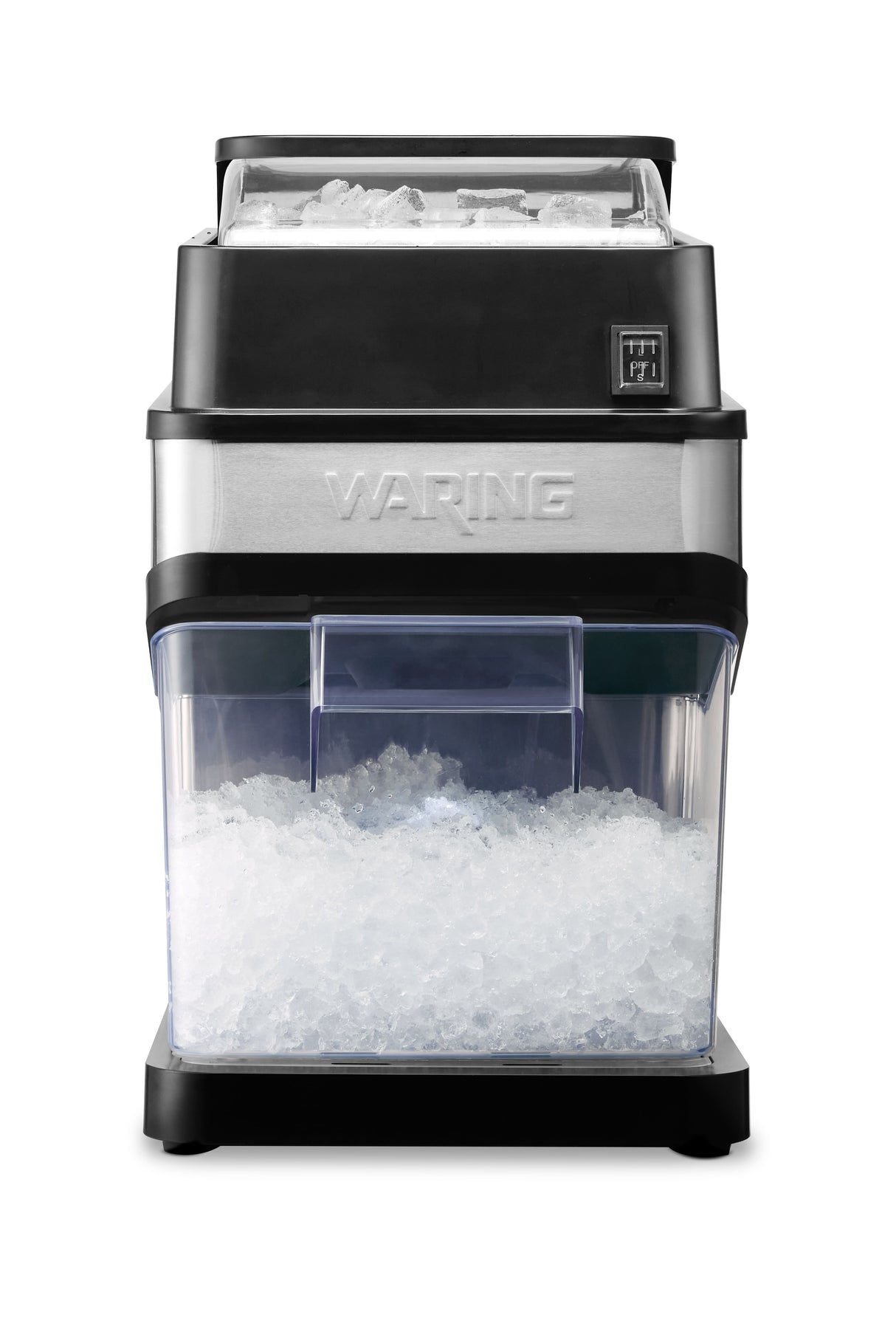 A stainless steel and black Waring Ice Crusher machine is shown. Crushed ice fills the clear lower container, while whole ice is visible in the upper compartment. The Commercial Ice Crusher sits on a black base against a white background.