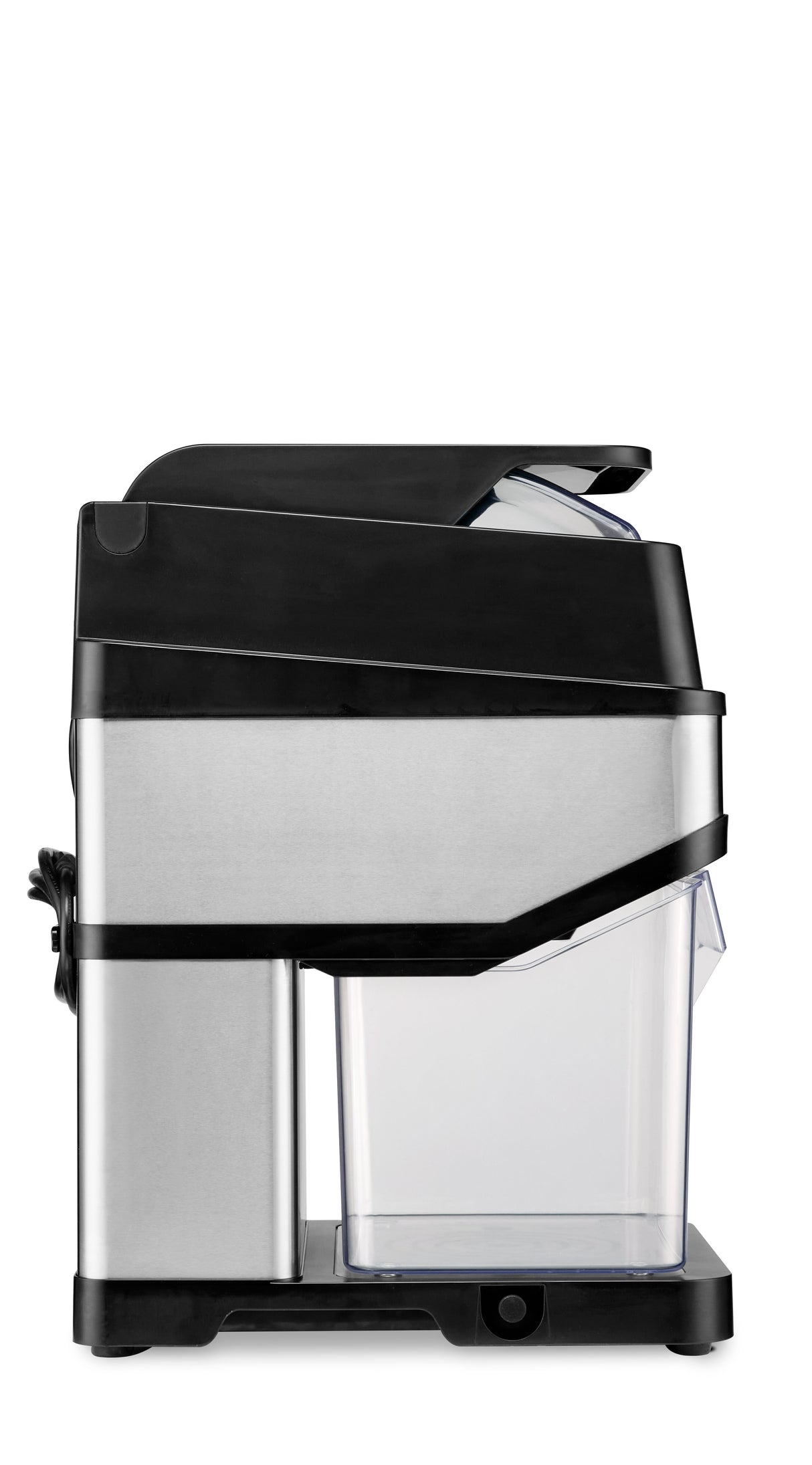 A stainless steel and black countertop ice crusher is shown from the side. It has a clear plastic collection container at the bottom, with a power cord wrapped at the back. The lid at the top is slightly open. The design is modern and compact.