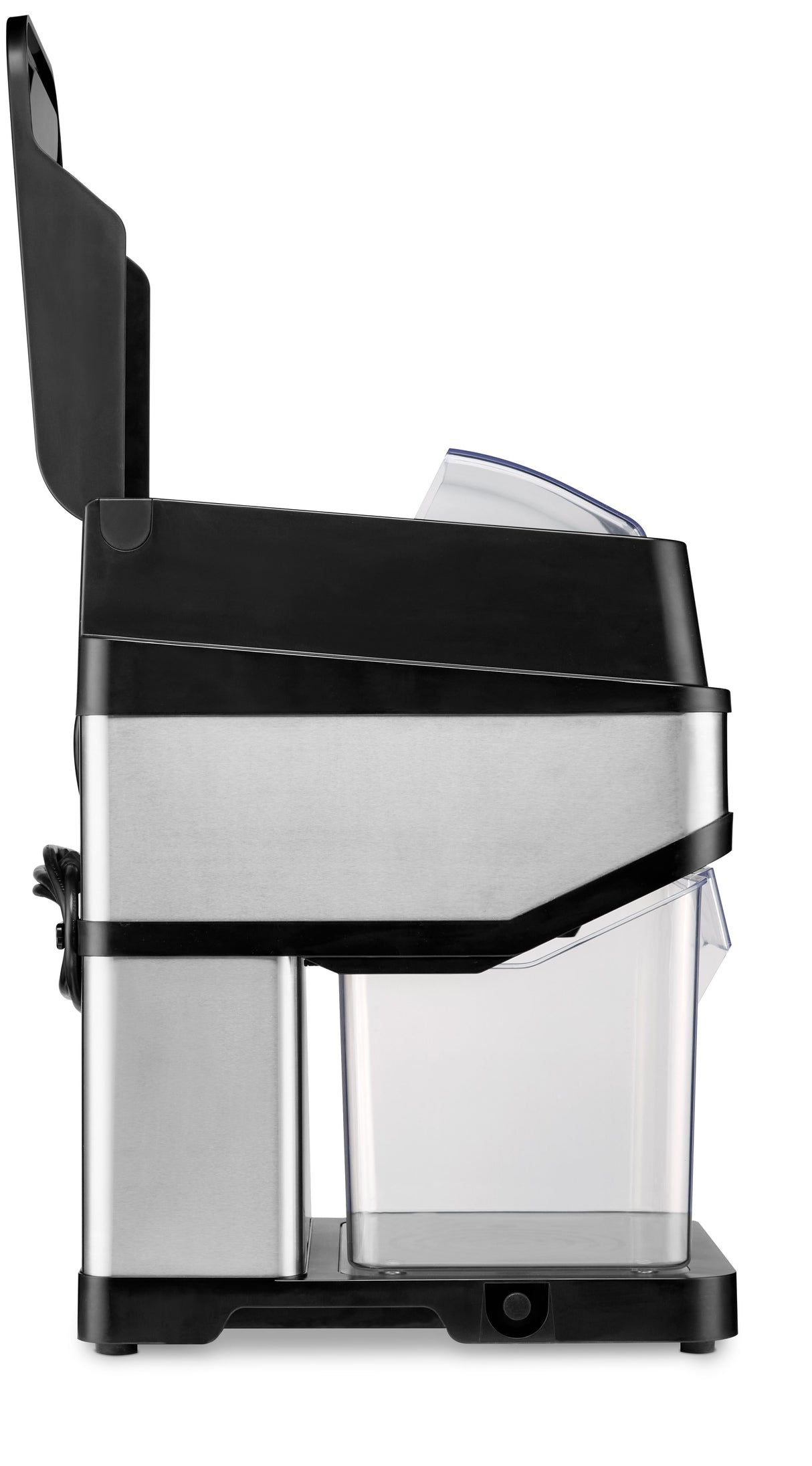A stainless steel and black countertop ice crusher shown from the side, likely an electric model. It has a clear plastic bin at the bottom, a cord wrapped on the back, and a hinged black lid open at the top.
